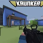 Vista en primera persona de un personaje sosteniendo un arma en un entorno urbano con casas azules y un cielo despejado