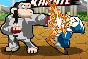 Un mono caricaturesco en un traje de artes marciales golpea a una figura azul con efectos de explosión animada