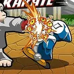 Un mono caricaturesco en un traje de artes marciales golpea a una figura azul con efectos de explosión animada