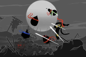 Guerreros de sombras luchando en un paisaje oscuro con una luna llena de fondo