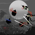 Guerreros de sombras luchando en un paisaje oscuro con una luna llena de fondo