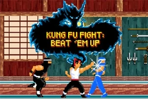 Personajes en un combate de artes marciales en estilo pixelado con fondo de dojo y texto resaltado al frente