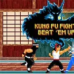 Personajes en un combate de artes marciales en estilo pixelado con fondo de dojo y texto resaltado al frente