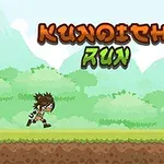 Un personaje corre en un entorno de plataformas con vegetación y montañas en el fondo, junto al texto Kunoichi Run