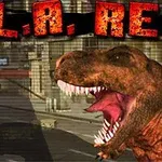Un Tiranosaurio Rex rugiendo en una ciudad con el texto L