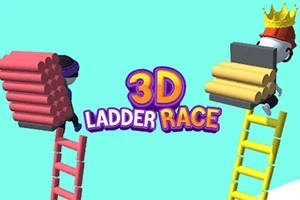 Dos personajes suben escaleras hechas de bloques de colores, uno porta una corona; texto central dice 3D Ladder Race