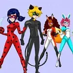 Cinco personajes animados con trajes de superhéroes coloridos posan juntos sobre un fondo lila