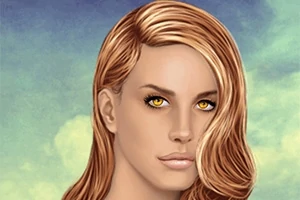 Retrato de una mujer con cabello castaño claro y ojos amarillos, sobre un fondo de cielo nublado