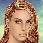 Retrato de una mujer con cabello castaño claro y ojos amarillos, sobre un fondo de cielo nublado