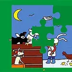 Rompecabezas incompleto de una ilustración con animales de granja, un cielo nocturno y una figura vistiendo ropa blanca con orejas tipo conejo