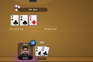 Un jugador de póker sostiene un par de cartas (6 de tréboles y 5 de picas) mientras tres cartas están en la mesa (7 de tréboles, 4 de picas y 5 de diamantes) junto a fichas de apuestas