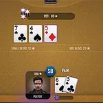 Un jugador de póker sostiene un par de cartas (6 de tréboles y 5 de picas) mientras tres cartas están en la mesa (7 de tréboles, 4 de picas y 5 de diamantes) junto a fichas de apuestas