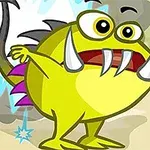 Monstruo amarillo con colmillos grandes sosteniendo una bomba negra con el número tres