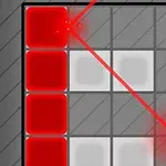 Cuadrícula gris con bloques rojos y un láser diagonal que refleja en un triángulo, sobre un fondo rayado