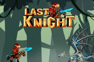 Un caballero con armadura roja y espada azul se enfrenta a un dragón esquelético en un bosque oscuro, con el texto LAST KNIGHT en el centro