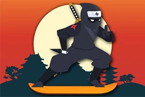 Un ninja en una patineta delante de una luna llena y un paisaje de árboles y edificios japoneses al atardecer