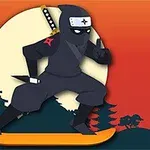 Un ninja en una patineta delante de una luna llena y un paisaje de árboles y edificios japoneses al atardecer
