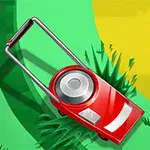 Cortadora de césped roja sobre un césped verde con sombras y detalles de hierba