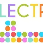Letras coloridas que forman la palabra LECTRO y una fila de círculos de colores brillantes debajo