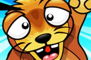 Un personaje de dibujos animados con expresión alegre, ojos grandes y sonrisa, extendiendo una pata en un fondo azul brillante