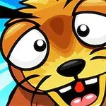 Un personaje de dibujos animados con expresión alegre, ojos grandes y sonrisa, extendiendo una pata en un fondo azul brillante