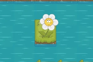 Flor sonriente blanca con centro amarillo sobre una plataforma verde flotando en el agua