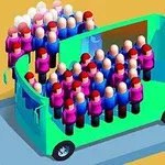 Un autobús verde con muchas figuras humanas de colores, principalmente rosa y azul, amontonadas en su interior y alrededor, sobre un camino amarillo