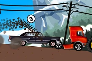 Un coche chocando contra un camión rojo en un camino montañoso bajo líneas eléctricas