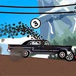 Un coche chocando contra un camión rojo en un camino montañoso bajo líneas eléctricas