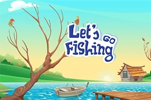 Paisaje de lago con un bote, un muelle, un árbol sin hojas y una cabaña, acompañado del texto Lets Go Fishing