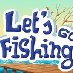 Paisaje de lago con un bote, un muelle, un árbol sin hojas y una cabaña, acompañado del texto Lets Go Fishing