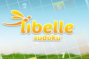 Texto libelle sudoku en letras amarillas sobre un fondo de cuadrícula con números y un diseño de libélula