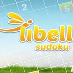 Texto libelle sudoku en letras amarillas sobre un fondo de cuadrícula con números y un diseño de libélula