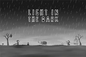 Siluetas de figuras humanas y un insecto grande bajo la lluvia en un paisaje oscuro con árboles y una jaula, con el texto Light in the Dark arriba