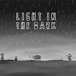 Siluetas de figuras humanas y un insecto grande bajo la lluvia en un paisaje oscuro con árboles y una jaula, con el texto Light in the Dark arriba