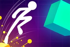 Figura blanca en movimiento salta hacia un cubo azul sobre un fondo violeta con líneas y esferas amarillas