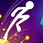 Figura blanca en movimiento salta hacia un cubo azul sobre un fondo violeta con líneas y esferas amarillas