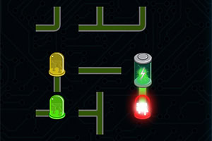 Laberinto de caminos verdes conectando luces LED y una batería con un fondo de circuito negro