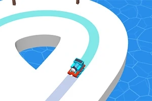 Carro rojo y azul en una carretera blanca con un diseño en espiral sobre un fondo azul