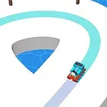 Carro rojo y azul en una carretera blanca con un diseño en espiral sobre un fondo azul