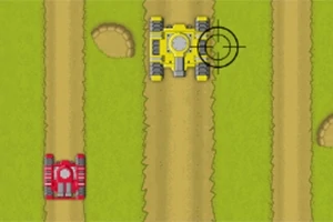Tanques rojo y amarillo en un campo con caminos de tierra y marcadores de objetivos