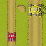 Tanques rojo y amarillo en un campo con caminos de tierra y marcadores de objetivos