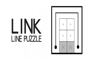 Texto LINK LINE PUZZLE junto a un diseño de cuadrícula con símbolos de más y una línea negra que conecta los bordes de un rectángulo