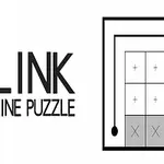 Texto LINK LINE PUZZLE junto a un diseño de cuadrícula con símbolos de más y una línea negra que conecta los bordes de un rectángulo