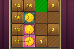 Tablero de puzzle numérico con casillas numeradas del 1 al 16 y algunas casillas resaltadas en verde, azul y rosa