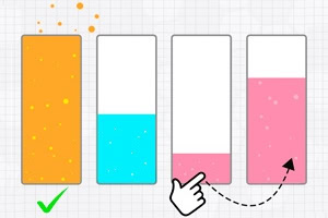 Cuatro barras verticales con niveles de líquido en colores naranja, azul y rosado, con una mano señalando una de las barras