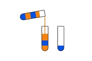 Tres tubos de ensayo con líquidos de colores naranja y azul, uno vertiendo su contenido en otro