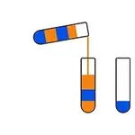 Tres tubos de ensayo con líquidos de colores naranja y azul, uno vertiendo su contenido en otro