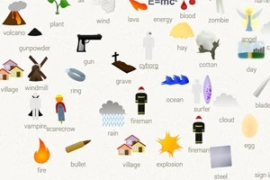 Gráficos y palabras que representan elementos y conceptos como volcán, planta, pistola, vampiro, lluvia, pueblo, y fuego sobre un fondo claro