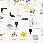 Gráficos y palabras que representan elementos y conceptos como volcán, planta, pistola, vampiro, lluvia, pueblo, y fuego sobre un fondo claro